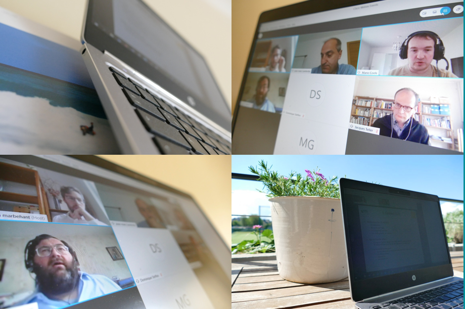 Collage of multiple photos of the webinar showing laptops